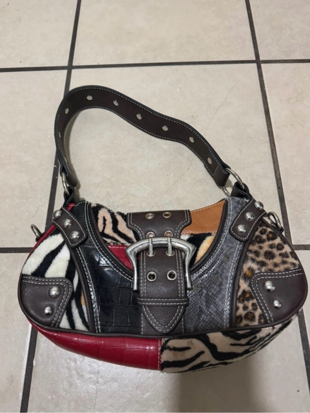 Patchwork Animal Print Shoulder Bag in Brown and Red